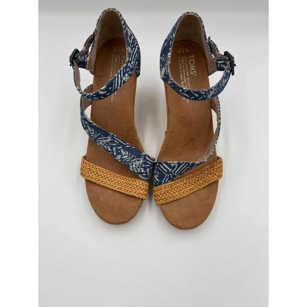 TOMS Clarissa Blue Batik Print Woven Wedge Sandals Ankle Strap Espadrilles W7.5‎